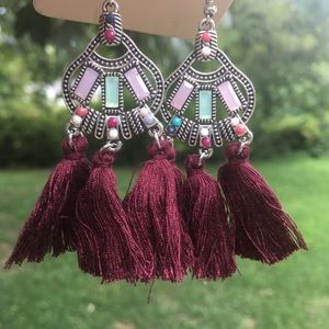 NWT! Wine red tassel boho earrings